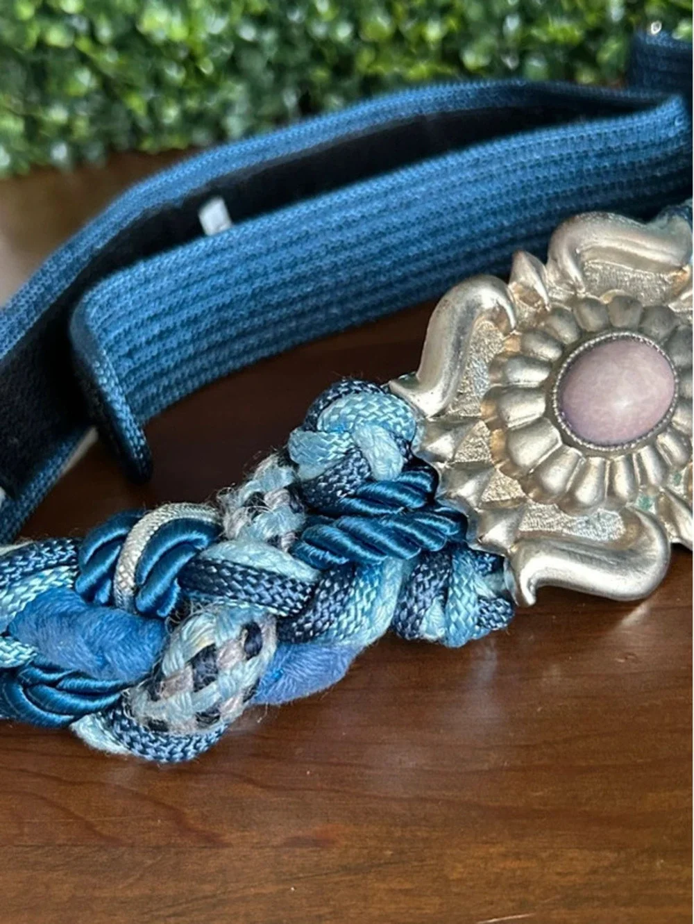 Vintage Blue Braided Belt Silver Floral Buckle Boho 80s Belt